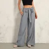 Active Pants Women Baggy Yoga Casual Sporty High Midje Tie-Up Loose Wide Ben Long Trousers With Pockets Fitness Workout Bottoms