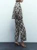 Calças femininas de duas peças 2023 roupas de outono animal impressão algodão jaqueta larga perna reta saco de papel estilo calças de cintura alta