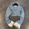 Calças femininas de duas peças mulher 2 peças define moda manga longa colheita topos perna larga jeans casual conjunto feminino demin jaqueta terno