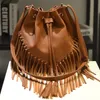 New Bags Tassel Braid Drawstring PU Bucket Bag Fashion One Shoulder Messenger Ladies Handbag Bags for Women Purses Handbags