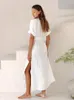 Women's Sleepwear Hiloc White Cotton Nightdress Short Sleeve Slit Sexy Night Dress Women Nightgown With Belt Single Breasted Lepel Woman