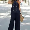 Women's Two Piece Pants Sleeveless Sexy 2023 Spring/Summer Fashion Casual Hanging Neck Solid Color Set Wide Leg