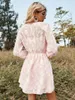 Vestidos casuais moda feminina primavera e outono manga longa cintura alta minidress bohemia estilo rosa chiffon a-line vestidos