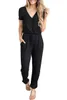 Women's Two Piece Pants Summer Casual Deep V Neck Short Sleeve Wrap Drawstring Waist Jumpsuit Romper With Pockets