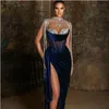 Robe de soirée Robe femme Col haut Bleu Velours Plissé Lss Gaine Yousef aljasmi Kendal Jenner Argent Cristal Kim kardashian256u