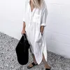 Frauen Blusen Sommer Weißes Hemd Kleid Frauen Lange Hülse Drehen-unten Kragen Seite Split Tasche Weibliche Feste Lose Strand robe