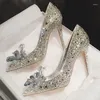 Dress Shoes Selling Champagne Rhinestone Pumps Women Pointed Toe Thin Heels Crystal Wedding Bride Ladies Party