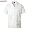 Weißes kubanisches Camp-Guayabera-Hemd für Herren, stilvolles, besticktes, gewebtes Button-Down-Hemd, Strandhemd im mexikanischen karibischen Stil, Größe 2XL 212151