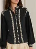 Damskie bluzki panie retro kwiatowy haft haftowy 2023 Autumn żeńska samica plisowana stojak bawełniana stojak na stojak