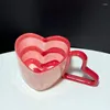 Muggar Creative Love Handle Mug Hand Drawn Stripe Cow Pattern Ceramic Coffee Cup Pinch Heart Shape