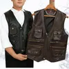 Gilets pour hommes Peau de vache véritable gilet en cuir hommes marron gilet mâle sans manches veste épaisse moto plus taille multi poche Z3135