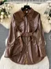 Women's Leather FTLZZ Autumn Winter Women Faux PU Jacket Casual Lapel Single Breasted Streetwear Sash Tie Up Midi Coat