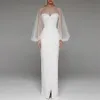 Casual Dresses Evening Party Dress Women Elegant Puff Sleeve White Formal High midje Split Hollow Out Mesh Prom Wedding Long Maxi280f