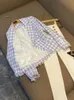 Lenteblauwe geruite tweed blazers met kwastjes en panelen, lange mouwen, knopen met revers en dubbele rij knopen, uitloperjassen O3O072500