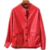 Женская кожаная куртка на весну и осень, короткая свободная одежда из овчины, маленькое пальто из натуральной овчины красного цвета