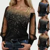 Women's Blouses Sexy Woman Long Sleeve Sequin Blouse Top Autumn Party Cold Shoulder Bling Mesh Sheer Lady Casual Shirts Pullover