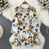 Casual Dresses Spring And Autumn Daily Flare Long Sleeve V-neck Yellow Dress Women Waist Slim Lace Up A-line Printed Lotus Leaf