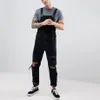 Black Overalls Mens Holes Pocket Jeans Overall Jumpsuit Streetwear Suspender Long Pants Pantalones1286f