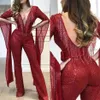 Kvinnors jumpsuits Rompers Sequined Fringed Jumpsuit For Women Sexig Deep V-Neck Långärmad Kvinnlig vin röd 2021 Spring Summ2341