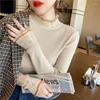 Kobiety swetry Spring Autumn Button Ruffle Turtleeck Sweter Women Bild Rleeve Bandbed Slimed Difted Top Black White Beige Pink