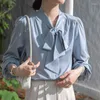 Women's Blouses Drop Blusas Mujer Chiffon Blouse For Women Clothing Elegant V-Neck Long Sleeve Satin Tops Office Lady Solid Bow Pullover