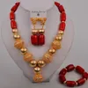 Collier nigérian en or de dubaï pour femmes, boucles d'oreilles et Bracelet africains, perles de corail rouge, bijoux de mariage, ensemble 246m