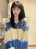 Kvinnors tröjor Qweek Strippade överdimensionerade stickade kvinnor Pullovers Knitwear Korean Fashion Warm Long Sleeve Tops 2023 Autumn Winter