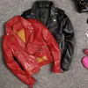 Couro feminino legal jaqueta genuína pele de carneiro motocicleta motociclista real fino ajuste feminino senhoras outerwear preto vermelho