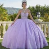 Sparkly Lavender Tulle bollklänningar quinceanera klänningar formella off-shoulder pärlor kristall söt 15 prom party klänning