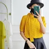 Women's Blouses High End Yellow Polka Dot Silk Top Bow Tie Mulberry Shirt Short Sleeve