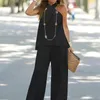 Women's Two Piece Pants Sleeveless Sexy 2023 Spring/Summer Fashion Casual Hanging Neck Solid Color Set Wide Leg