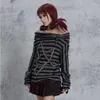 Kadın Sweaters Çizgili Omuz Örgü Gömlek Kadınlar Top Sonbahar Retro Sarkık Punk Sokak Binyıl Baharatlı Kız İnce Kazak