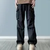 Men's Pants Men Cargo Elastic Waist Drawstring Straight Trousers Wide Leg Multi Pockets Hip Hop Baggy Long Streetwear