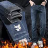 Новые ДЖИНСОВЫЕ Брюки брюки Мужские брюки Эластичный ФЛИС утепленные зимние DDicon Вышитые облегающие джинсы хлопковые брюки стираные прямые деловые повседневные XW985-1-1