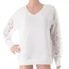 Kvinnors blusar Kvinnor Lätt polyesterskjorta Lace Patchwork V-Neck Stylish Pullover Tops för Office Ladies Spring