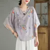 Women's Blouses Printed Chinese Style Cotton Linen Shirts Ladies Clothing Loose Short Sleeve FASHION Summer V-neck Tops