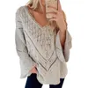 Women's Sweaters V-Neck Flare Long Sleeve Solid Color Women Sweater Autumn Hollow Out Loose Knitwear Jumper Lady Fashion Knitted Pullover