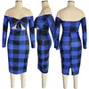 Casual Dresses Red Blue Plaid Sexy BodyCon 2023 Women Slash Neck Long Sleeve Bandage Dress Vintage Bow Tie Hollow Backless Party