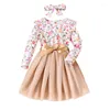 Girl Dresses CitgeeAutumn Kids Girls Casual A-line Dress Long Sleeve Crewneck Floral Print Tulle Patchwork Headband Spring Clothes