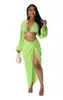 Work Dresses Sexy Green Two Pieces Skirt Set Women Long Sleeve Bandage Crop Top And Irregular Slit Midi Clubwear Suits