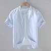 Men's Casual Shirts Cotton Linen Short-Sleeved Summer Streetwear Plain Color Stand Collar Beach Style Plus Size M-3XL