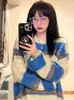 Kvinnors tröjor Qweek Strippade överdimensionerade stickade kvinnor Pullovers Knitwear Korean Fashion Warm Long Sleeve Tops 2023 Autumn Winter