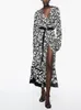 Lässige Kleider Midi für Frauen 2023 Langarm V-Ausschnitt Kragen Elegantes Vintage-Druckkleid Front Button Up Damenhemd mit Gürtel