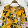 Casual Dresses Spring And Autumn Daily Flare Long Sleeve V-neck Yellow Dress Women Waist Slim Lace Up A-line Printed Lotus Leaf