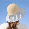 Bérets Été Respirant Seau Chapeau Femmes À Carreaux Impression Coton Maille Soleil Lumière Dames Élégantes À Lacets Arc Large Bord Plage