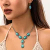 Necklace Earrings Set Vintage Bohemian Imitation Turquoise Pendant Necklaces For Women Ethnic Style Silver Color Meatl Casual Party Jewelry