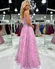 Różowy druk bal maturalny 2K24 Ruffle High Empire talia Glitter Ballgown Lady Preteen dziewczyna