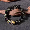 Obsidiana natural Feng Shui con decoloración por temperatura Pixiu pulsera de oro joyería de moda J2663282n