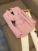 2024 Autumn Pink Houndstooth Panelled Blazer Blazers Long Sleeve Notched-Lapel Buttons Double-Breasted Outwear Coats O3O072097