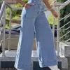 Jeans femininos as calças casuais de perna larga e calças mostram um temperamento fino de cintura alta estilo denim cintura tipo lavagem